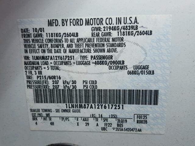 1LNHM87A12Y617251 - 2002 LINCOLN LS 白色 照片 10