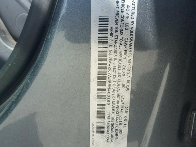 3VW2K7AJ6BM400189 - 2011 VOLKSWAGEN JETTA BASE Մոխրագույն լուսանկար 10