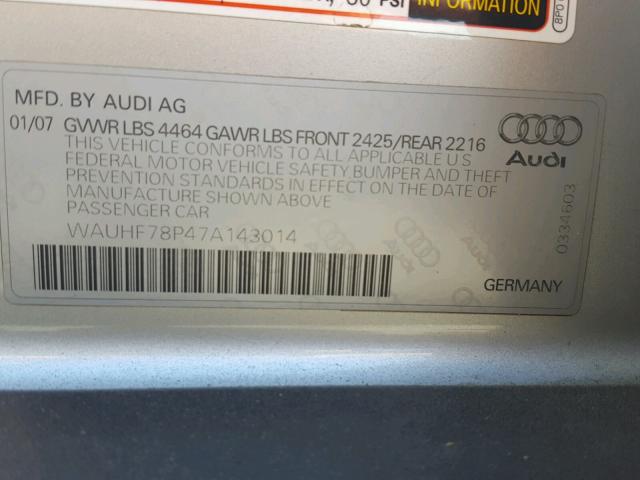 WAUHF78P47A143014 - 2007 AUDI A3 2 SILVER photo 10