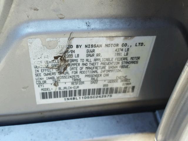 1N4BL11D55C242575 - 2005 NISSAN ALTIMA SE SILVER photo 10