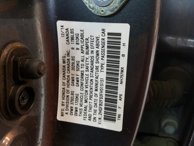 2HGFB2F93FH515151 - 2015 HONDA CIVIC EXL ნაცრისფერი ფოტო 10