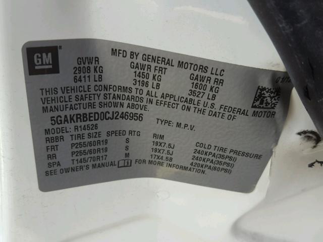 5GAKRBED0CJ246956 - 2012 BUICK ENCLAVE WHITE photo 10