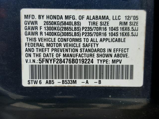 5FNYF28476B019224 - 2006 HONDA PILOT EX BLUE photo 10