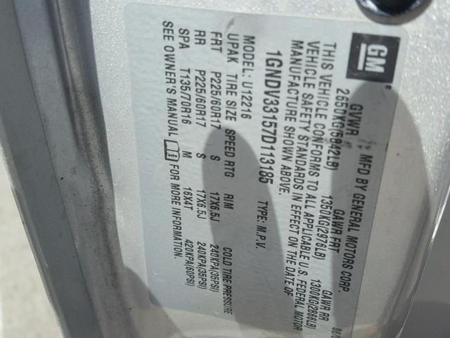 1GNDV33157D113185 - 2007 CHEVROLET UPLANDER L 银色 照片 10