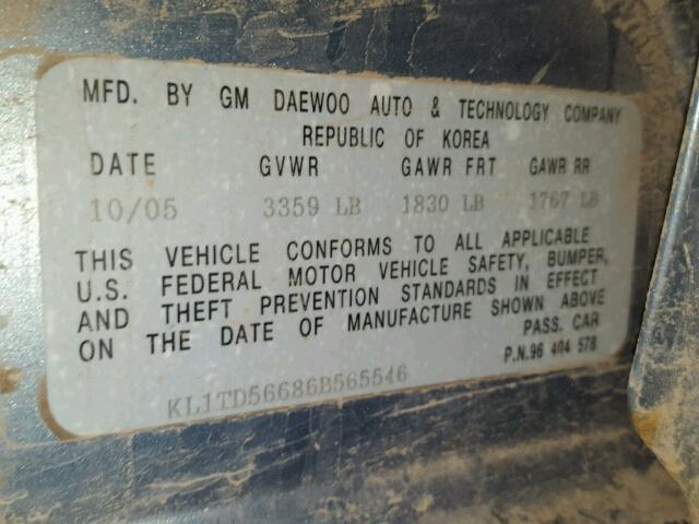 KL1TD56686B565546 - 2006 CHEVROLET AVEO BASE Mavi foto 10