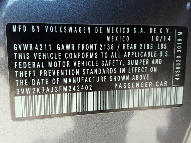 3VW2K7AJ3FM242402 - 2015 VOLKSWAGEN JETTA BASE 石墨色 照片 10