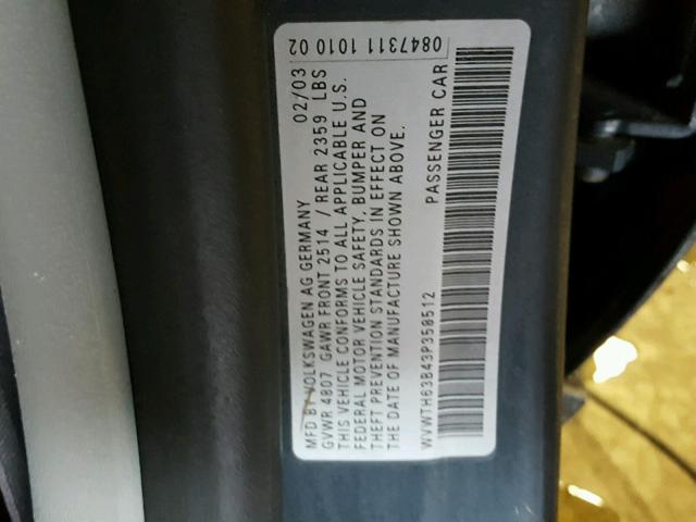 WVWTH63B43P358512 - 2003 VOLKSWAGEN PASSAT GLX GRAY photo 10
