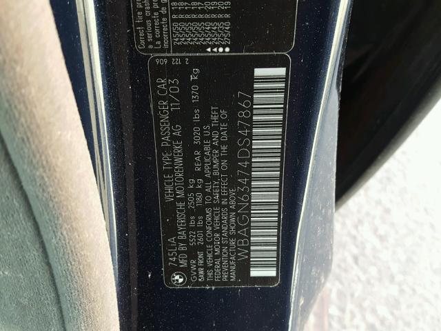 WBAGN63474DS47867 - 2004 BMW 745 LI BLUE photo 10