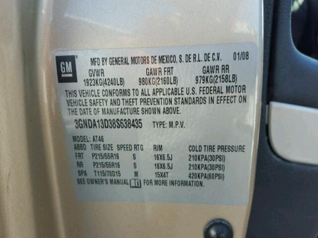 3GNDA13D38S638435 - 2008 CHEVROLET HHR LS 金色 照片 10