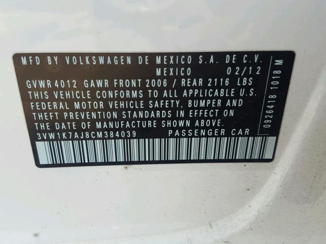 3VW1K7AJ8CM384039 - 2012 VOLKSWAGEN JETTA BASE 白色 照片 10
