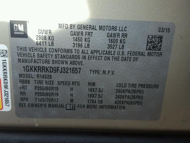 1GKKRRKD9FJ321657 - 2015 GMC ACADIA SLT თაფლისფერი ფოტო 10