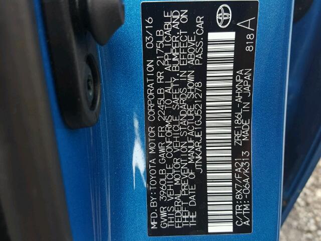 JTNKARJE1GJ521278 - 2016 TOYOTA SCION IM BLUE photo 10