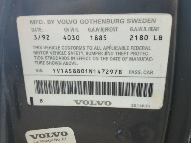 YV1AS8801N1472978 - 1992 VOLVO 240 BASE GRAY photo 10