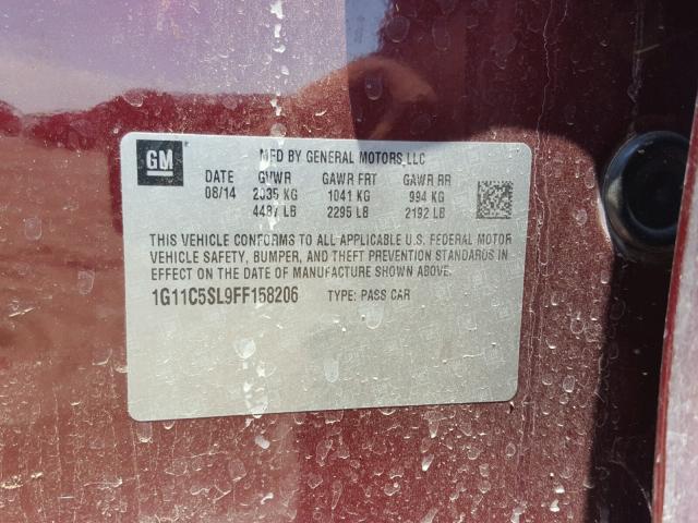 1G11C5SL9FF158206 - 2015 CHEVROLET MALIBU 1LT MAROON photo 10