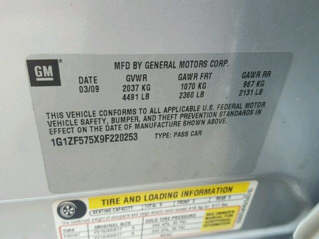 1G1ZF575X9F220253 - 2009 CHEVROLET MALIBU HYB 银色 照片 10