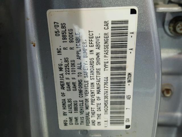 1HGCM56387A177644 - 2007 HONDA ACCORD SE SILVER photo 10