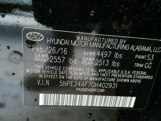 5NPE24AF7GH402931 - 2016 HYUNDAI SONATA SE BLACK photo 10