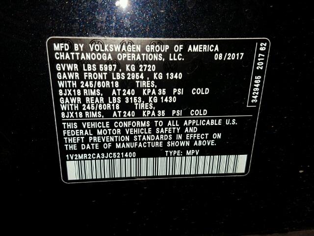 1V2MR2CA3JC521400 - 2018 VOLKSWAGEN ATLAS SEL Qara foto 10