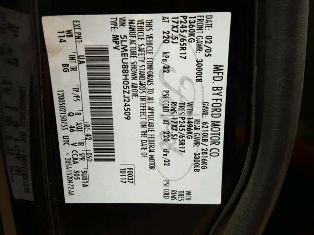 5LMEU88H05ZJ24509 - 2005 LINCOLN AVIATOR 黑色 照片 10