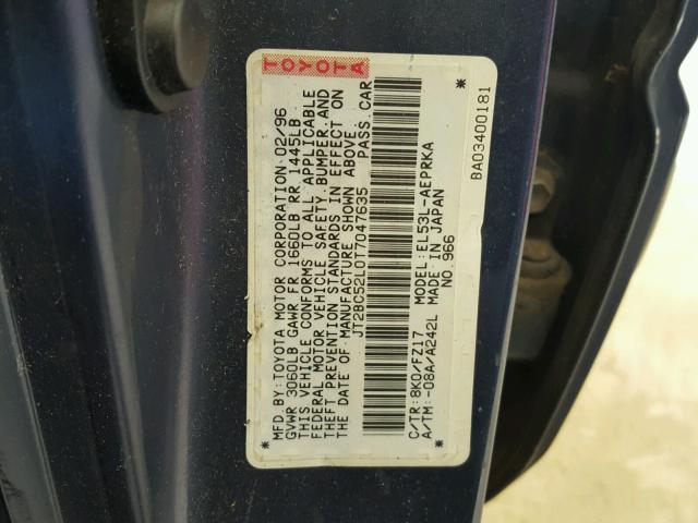 JT2BC52L0T7047635 - 1996 TOYOTA TERCEL DX BLUE photo 10