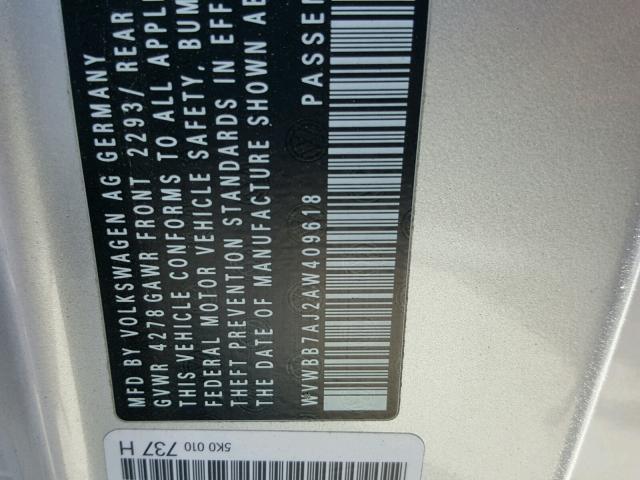 WVWBB7AJ2AW409618 - 2010 VOLKSWAGEN GOLF SILVER photo 10