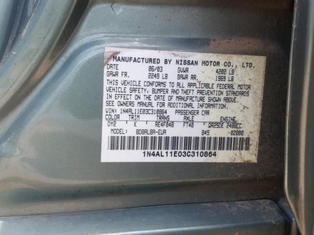 1N4AL11E03C310864 - 2003 NISSAN ALTIMA BAS GREEN photo 10