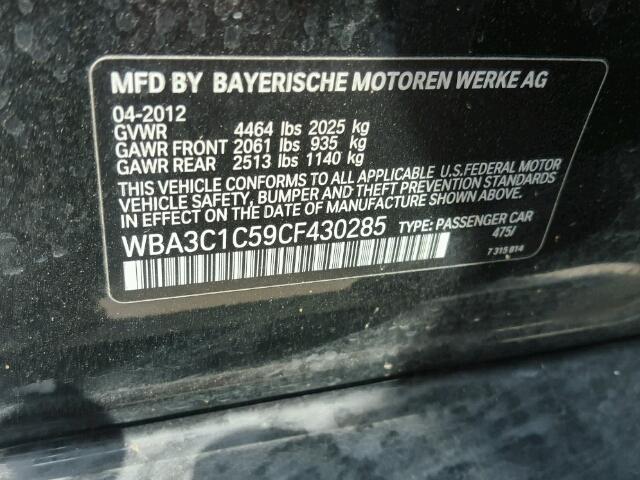WBA3C1C59CF430285 - 2012 BMW 328 BLACK photo 10