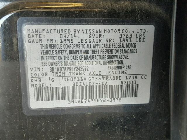 3N1AB7AP9EY243972 - 2014 NISSAN SENTRA BLACK photo 10