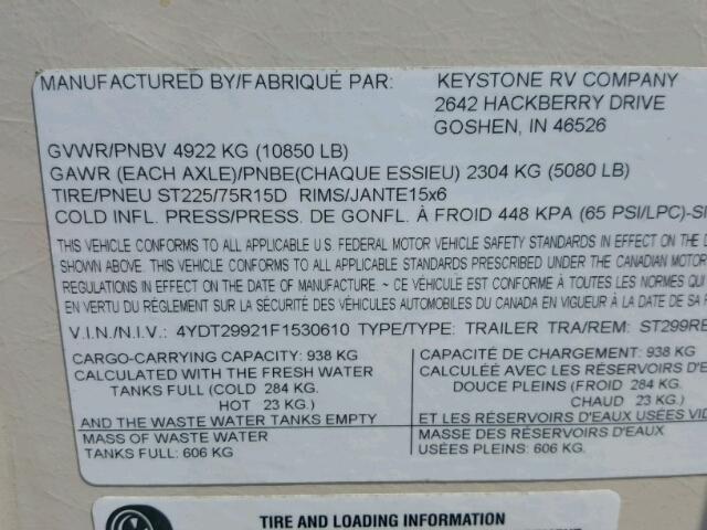 4YDT29921F1530610 - 2015 KEYSTONE SPRINTER WHITE photo 10