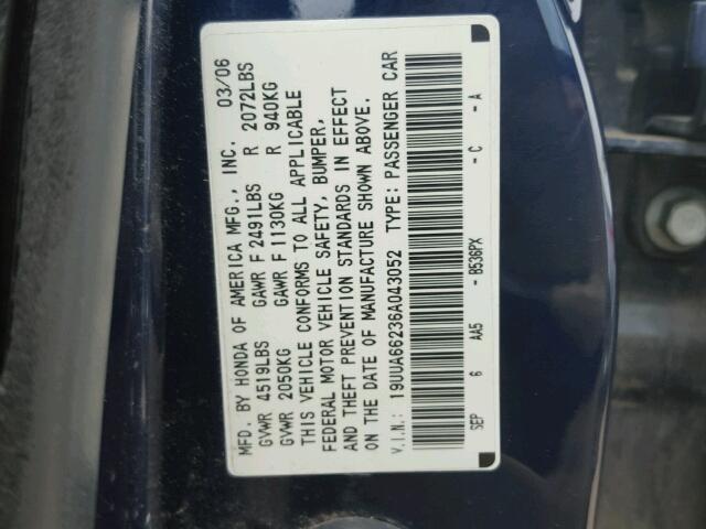 19UUA66236A043052 - 2006 ACURA 3.2TL BLUE photo 10