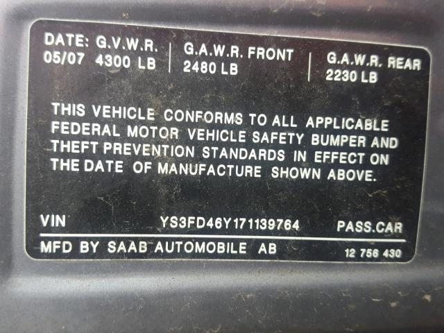 YS3FD46Y171139764 - 2007 SAAB 9-3 2.0T GRAY photo 10