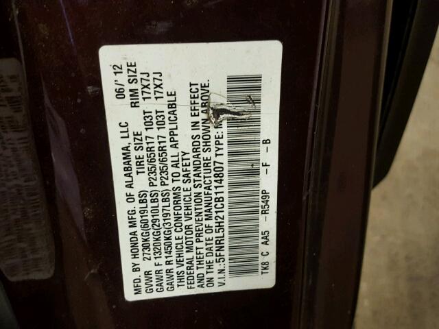 5FNRL5H21CB114807 - 2012 HONDA ODYSSEY LX BURGUNDY photo 10