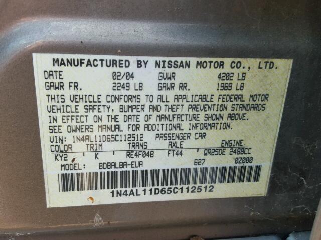 1N4AL11D65C112512 - 2005 NISSAN ALTIMA S CREAM photo 10