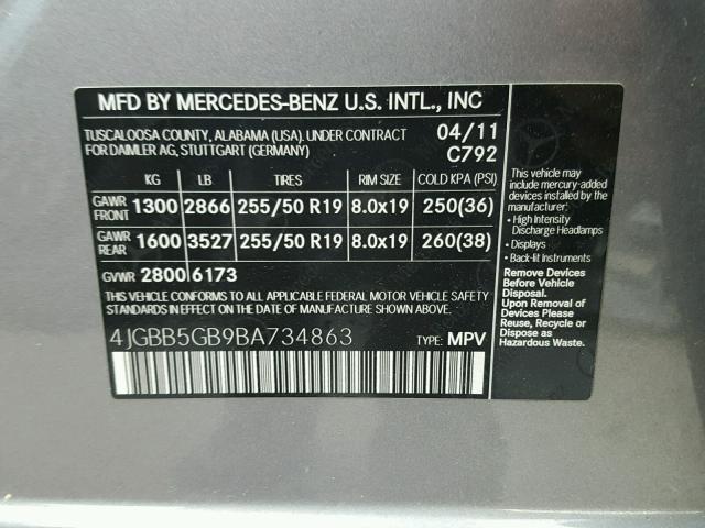 4JGBB5GB9BA734863 - 2011 MERCEDES-BENZ ML 350 SILVER photo 10