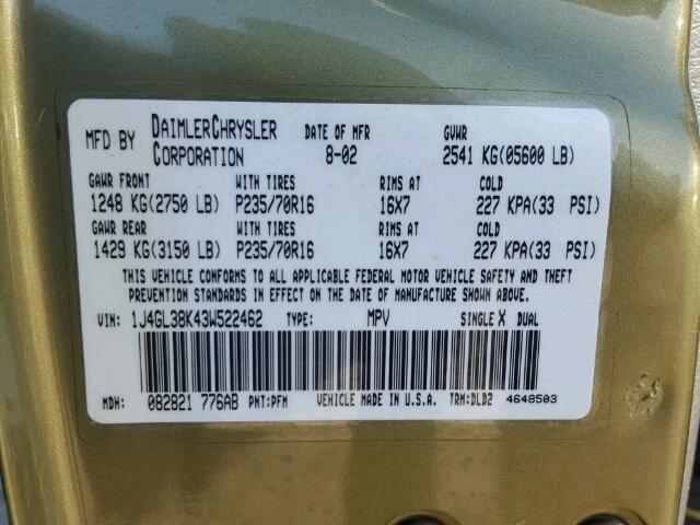 1J4GL38K43W522462 - 2003 JEEP LIBERTY RE GREEN photo 10