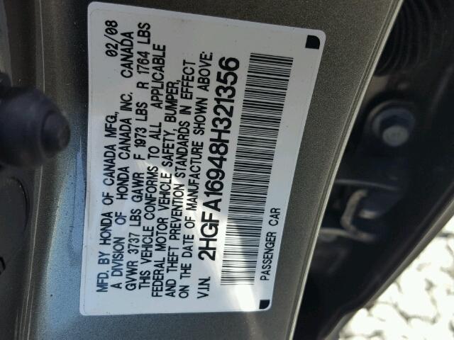 2HGFA16948H321356 - 2008 HONDA CIVIC EXL GRAY photo 10