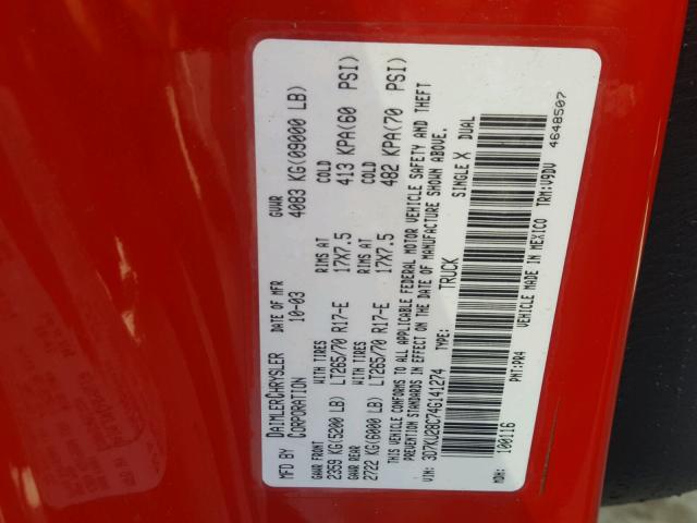 3D7KU28C74G141274 - 2004 DODGE RAM 2500 S RED photo 10