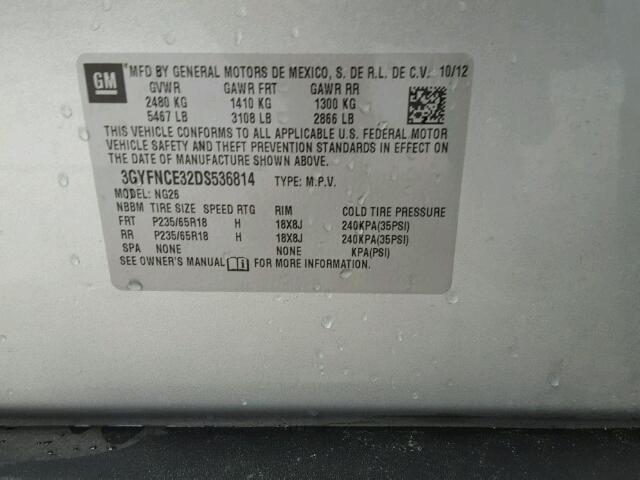 3GYFNCE32DS536814 - 2013 CADILLAC SRX SILVER photo 10