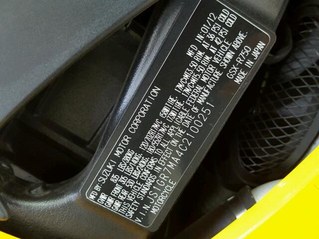 JS1GR7MA4C2100251 - 2012 SUZUKI GSX750 YELLOW photo 20