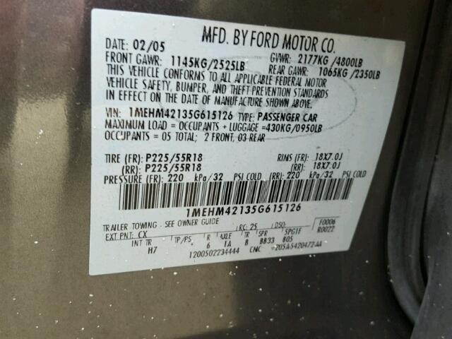 1MEHM42135G615126 - 2005 MERCURY MONTEGO PR 灰色 照片 10