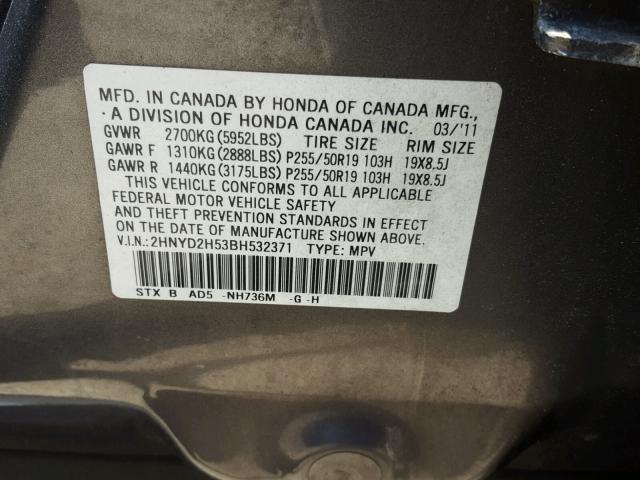 2HNYD2H53BH532371 - 2011 ACURA MDX ADVANC CHARCOAL photo 10