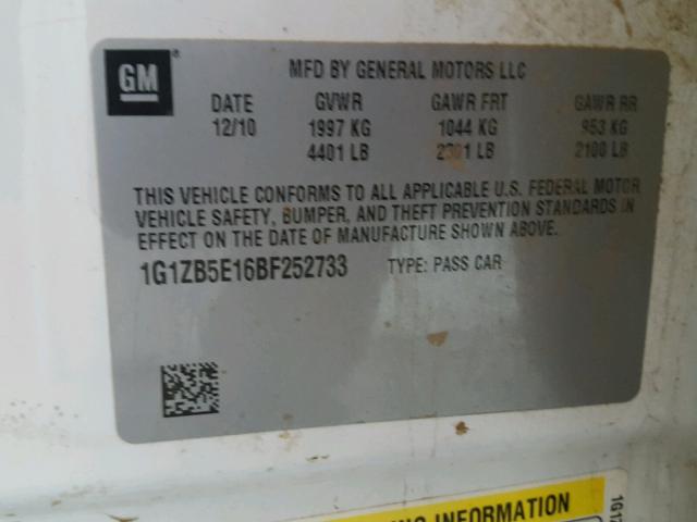 1G1ZB5E16BF252733 - 2011 CHEVROLET MALIBU LS 白色 照片 10