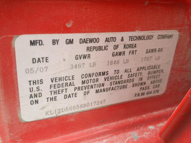 KL1TD56658B017247 - 2008 CHEVROLET AVEO BASE Qırmızı foto 10