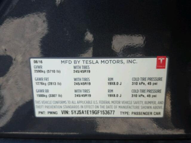5YJSA1E19GF153677 - 2016 TESLA MODEL S Մոխրագույն լուսանկար 10