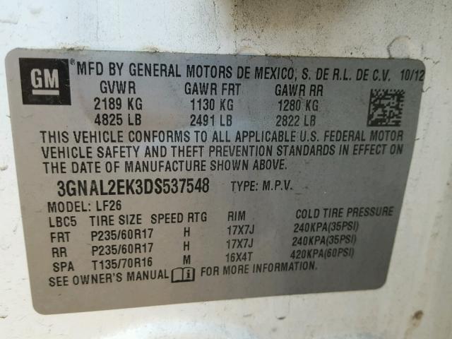 3GNAL2EK3DS537548 - 2013 CHEVROLET CAPTIVA LS 白色 照片 10