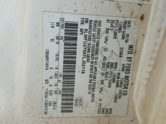 5LMFU27597LJ02118 - 2007 LINCOLN NAVIGATOR WHITE photo 10