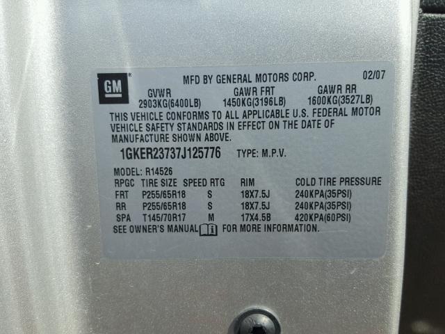 1GKER23737J125776 - 2007 GMC ACADIA SLT ვერცხლისფერი ფოტო 10