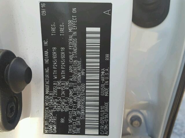 5TDKKRFH3GS174060 - 2016 TOYOTA HIGHLANDER თეთრი ფოტო 10