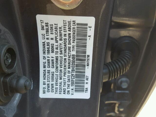 19XFC2F78HE050469 - 2017 HONDA CIVIC EX GRAY photo 10