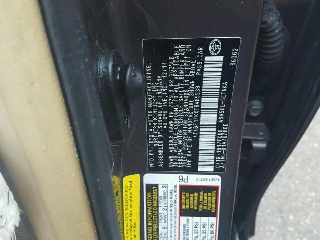 4T4BF1FKXFR465538 - 2015 TOYOTA CAMRY GRAY photo 10